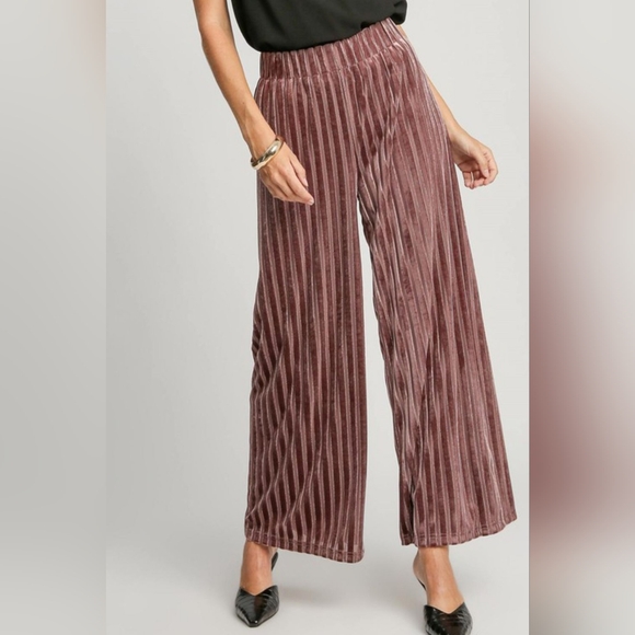 Umgee Velvet High-Rise Retro Pants Wide Leg Boho Metallic Stripe Elastic Waist - Picture 11 of 12